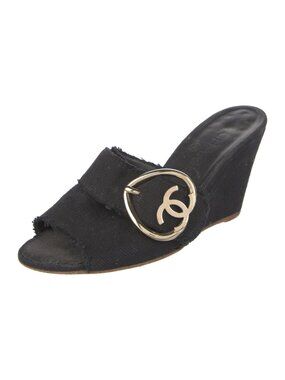 Chanel Black CC Logo Canvas Wedge Slides
